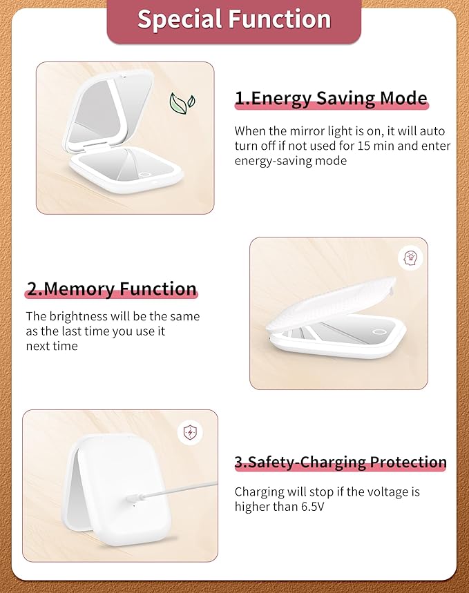 WOBSION Rechargeable 5X Magnification LED Travel Makeup Mirror,Dimmable Portable Compact Mirror for Pocket,Purses and Handbag,Gift,White