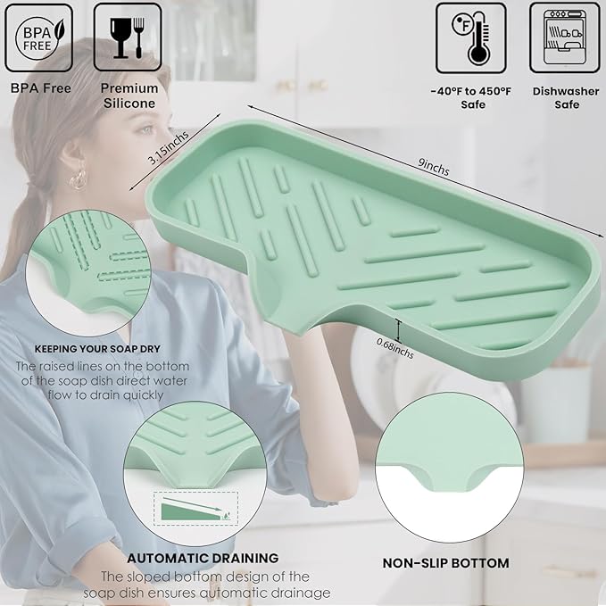 YASMEN Silicone Bathroom Soap Dishes, Sink Sponge Holder for Kitchen, Rubber Soap Dish with Drain, Shower Soap Sponge Tray, Sink or Counter Organizer, for Bar Soap, Bottle, Dish Soap Dispenser- Green