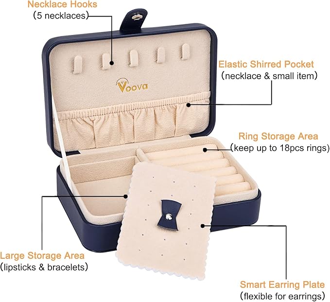 Voova Small Jewelry Organizer Box, Travel Jewelry Case for Women Teen Girls, Mini PU Leather Portable Jewellery Storage Boxes Holder with Smart Earrings Plate for Necklaces Rings Bracelets, Blue