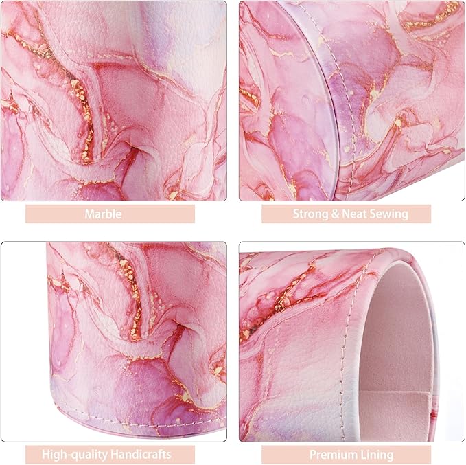 WAVEYU Pen Holder for Women Girls, Pencil Cup Pink Desk Decor, Makeup Brush Holder Large Pu Leather Multi-Functional Organizer Cup for Office, Classroom, Home, Red Marble