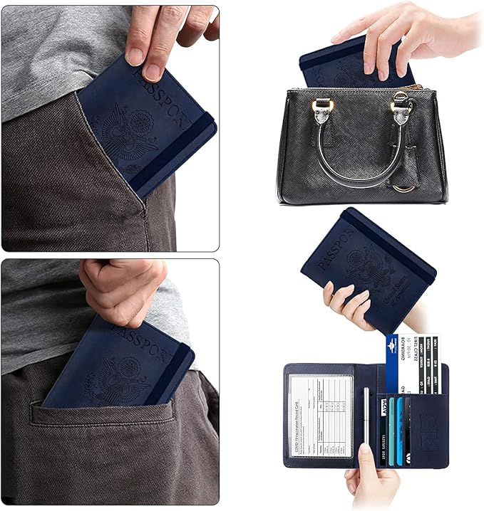 WALNEW Passport Holder for Travel, RFID Passport Cover Wallet for Women Men, PU Leather Passport Book Case with Pen Holder and Clear Photo Slot, Navy Blue
