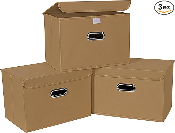 Linen Fabric Foldable Collapsible Storage Cube Bin Organizer Basket Fabric Storage Bins with Lid, Leather Handles, Removable Divider for Home, Closet, Khaki 3Pcs