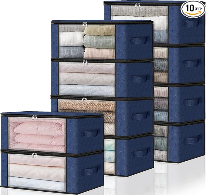 HomeHacks Storage 10-Pack Clothes Organizer Storage Bags Foldable Storage Box with Large Clear Window Sturdy Handles for Closet, Dorm, Pillows, Bedding, Clothes, Blankets, 35L, Blue