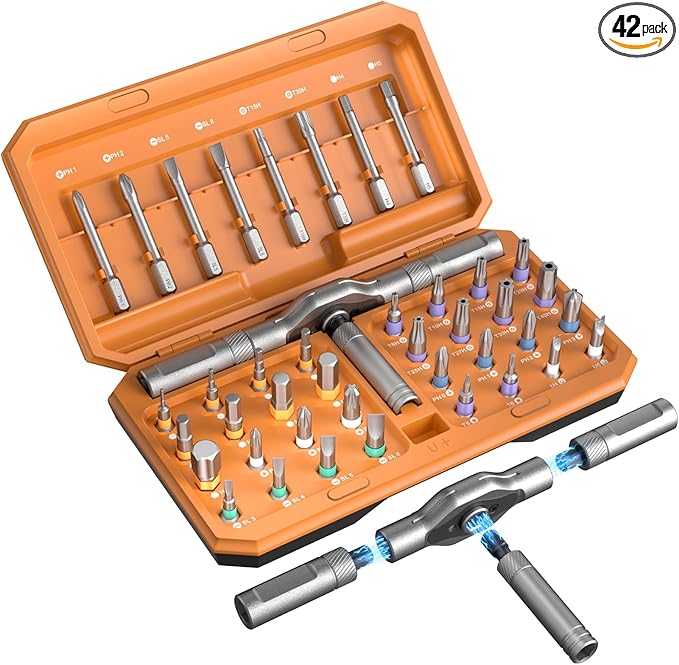 42-in-1 Magnetic Ratchet Screwdriver Set with Detachable T-Handle & Case, Multi-Bit Precision Driver Kit for Electronics, PC, Bicycle, Furniture Repair, Eyeglass, and DIY Gifts （Orange）