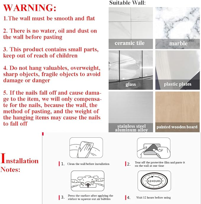 12 PCS Wall Mounted Replacement Sticky Pads for Kitchen Bathroom Shower Caddy Organizer Rack Holder Nail Free Adhesive Hooks (No Trace Nails)