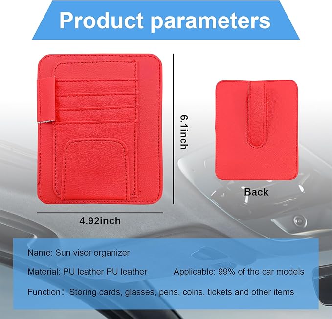Augeny Car Sun Visor Organizer, Small Auto Visor Organizer and Storage, Registration and Document Holder, Vehicle Accessories for Sunglasses, Document, Card, Pen, Driver License (Red)