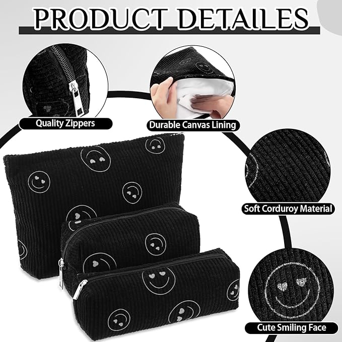 3 Pcs Makeup Bag Set for Women Corduroy Cosmetic Pouch Aesthetic Smile Travel Toiletry Bag Cute Purse Pouch Pencil Case Makeup Brushes Storage Organizer for Christmas(Black,Smile Face)