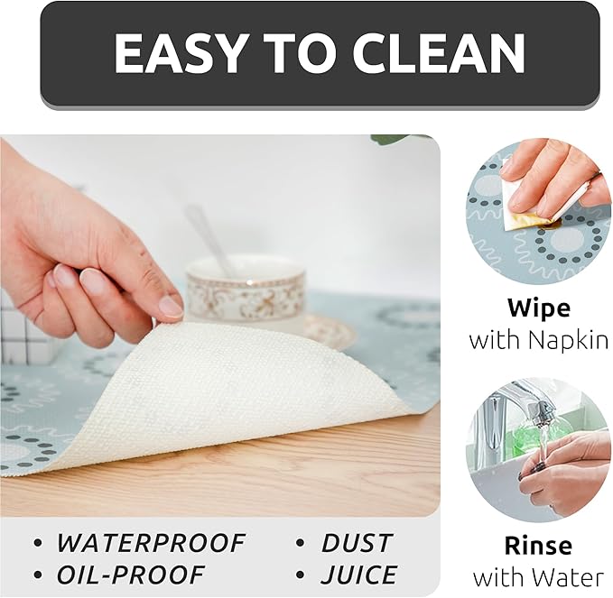 FIFTY FEET 18X96 Inch Shelf Liner for Kitchen Cabinets, PVC Drawer Liner for Dresser Non-Slip Bathroom, Non-Adhesive Cabinet Liner Washable (Blue Circle)(1 Roll)