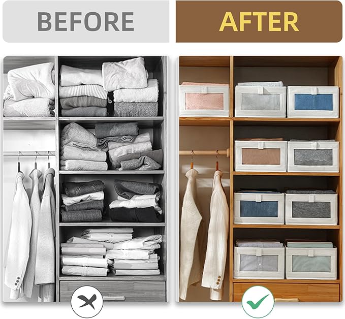 Linen Closet Organizers And Storage, 10 Pack Closet Storage Bins Linen Closet Baskets for Closet Organization Foldable Closet Organizer Bins with Clear Window For Organizing Clothing, Shelves, Jeans