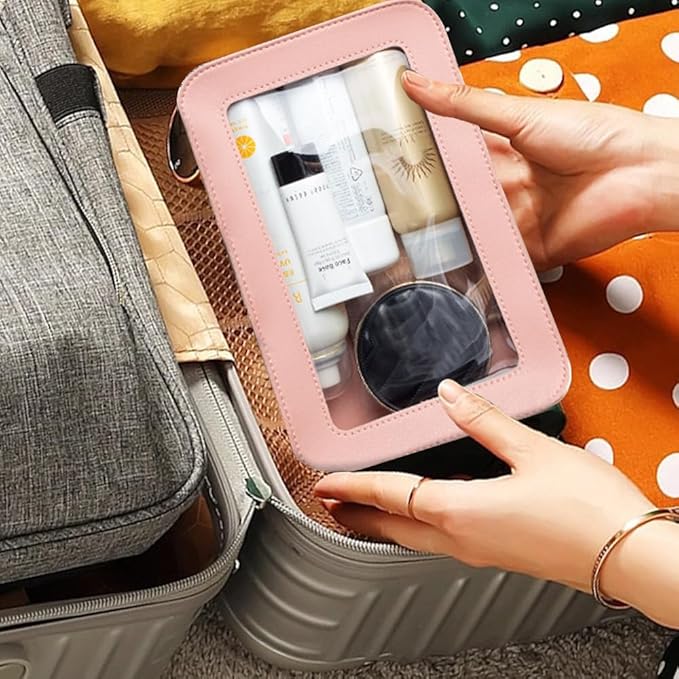 Clear Makeup Bag, Pink Travel Makeup Pouch Toiletry Bag for Women Waterproof Small Cosmetic Bag Case Small Make Up Bag with Zipper Car Organizer Car Essentials for Women Men