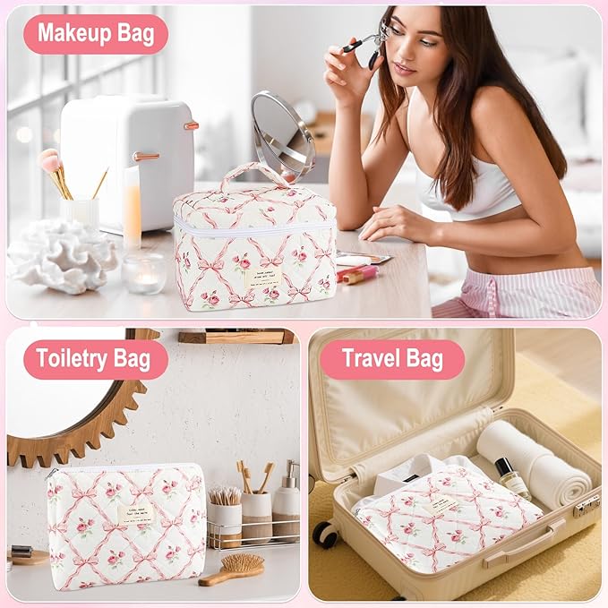 2Pcs Cotton Quilted Makeup Bag for Women Girls Large Small Travel Floral Cosmetic Bags Set Cute Coquette Pink Makeup Pouch for Purse Aesthetic Cloth Flower Storage Toiletry Bag Organizer