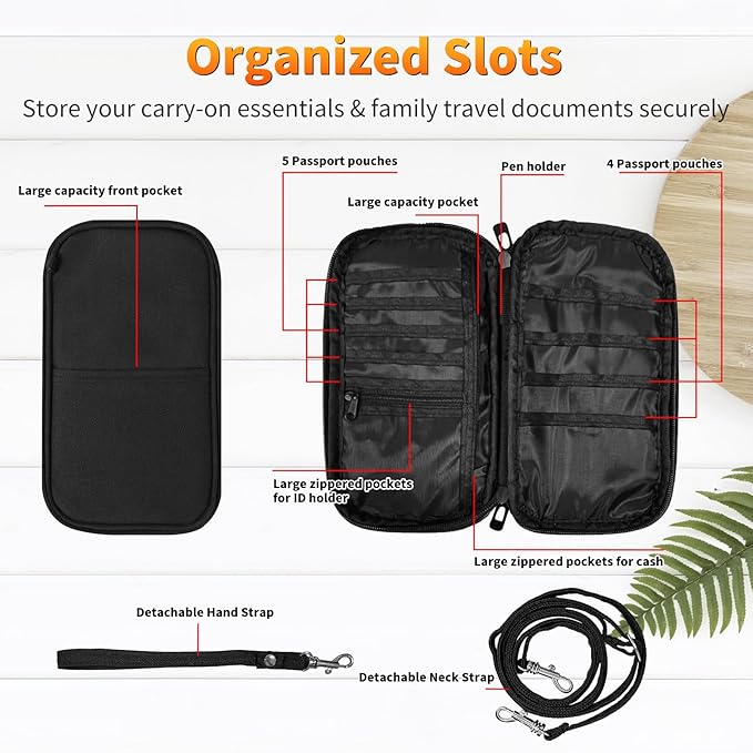 Wolf Black Multiple Passport Holder for Family, Travel Passport Wallet RFID Blocking Waterproof Bag Document Organizer withWrist Strap, Family Passport Holder for 8 to 10