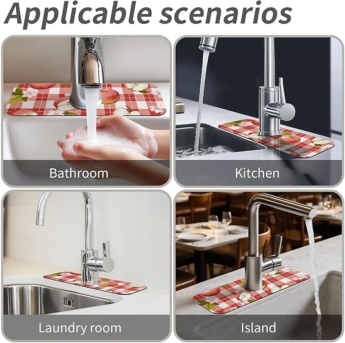 Kitchen Sink Splash Guard, Apple-on-a-Checkered Faucet Mat Sink Gadgets - Super Absorbent Fast Drying Mat Drip Catcher for Kitchen, Bathroom, Sink Mat, Dish Drying Mat, Bathroom (15" X 5.5")