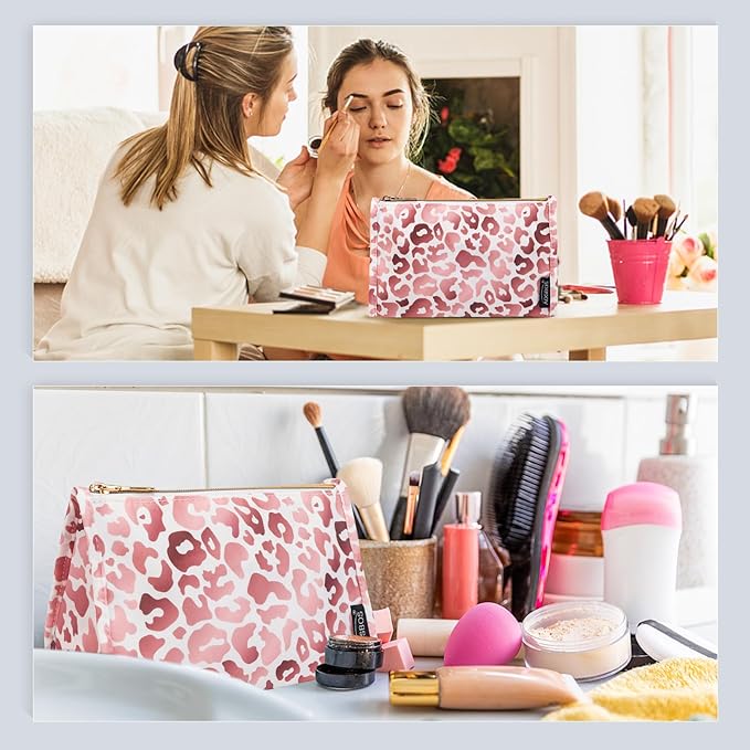 Aosbos Premium Small Makeup Bag, Compact Cosmetic Pouch, Travel-Size Make UP Case for Women, Leopard, Pink