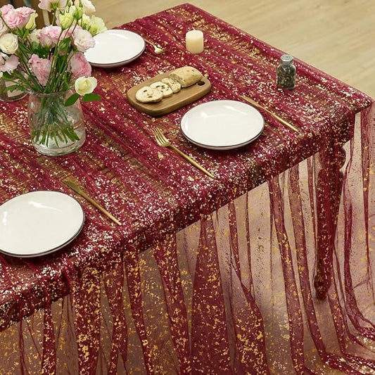Horaldaily Burgundy Gold Gauze Tablecloth 60x140 Inch Rectangular, Golden Sequin Glitter Metallic Foil, Sheer Tulle Cheesecloth for Wedding Baby Shower Ceremony Birthday