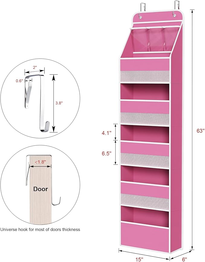 Univivi 6-Shelf Over Door Hanging Organizer Fabric Baby Door Storage with 5 Large Pockets and 3 Small PVC Pockets Wall Mount Hanging Storage Organizers for Baby Essential (Pink)
