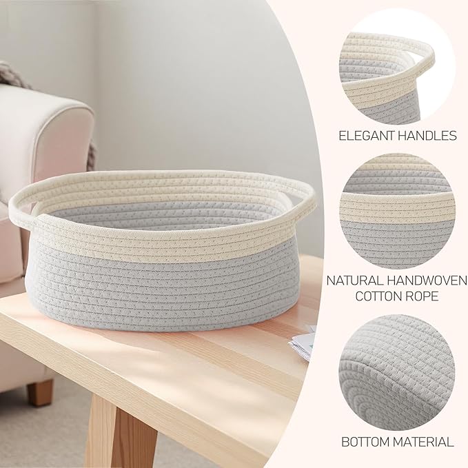 Woven Basket,Small Rope Storage Bin with Handles & Ribbon Bag, Organizer for Shelves Closets,Gift Basket Empty for Birthday,Books,Dog Toys, White&Grey/3 Pack