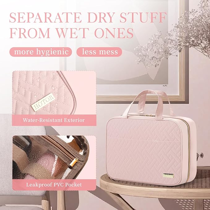 HOTOR Travel Toiletry Bag - Hanging Toiletry Bag for Women & Men, Makeup Bag/Large Compartment, Waterproof for Travel Accessories, Travel Essentials, Medium, Pale Pink