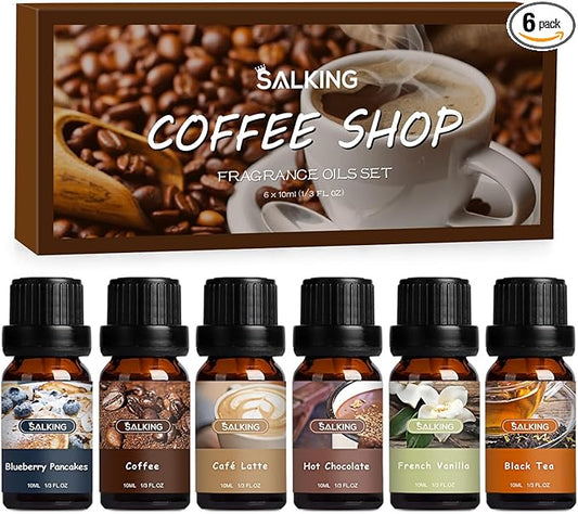 SALKING Coffee Shop Fragrance Oils Set, Premium Essential Oils Set for Diffuser, Scented Oil for Soap & Candle Making - Blueberry Pancakes, Coffee, Café Latte, Hot Chocolate, French Vanilla, Black Tea