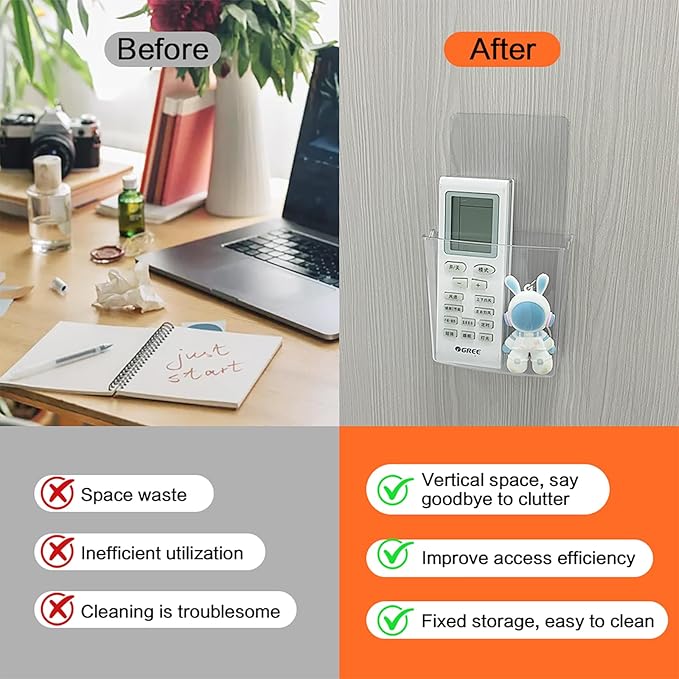 Remote Holder Wall Mount Damage-Free (2 Pack), Clear and Strong Self-adhesive Universal Media Organizer Storage Box for Mobile Phone,Remote Control,Keys,Pens etc