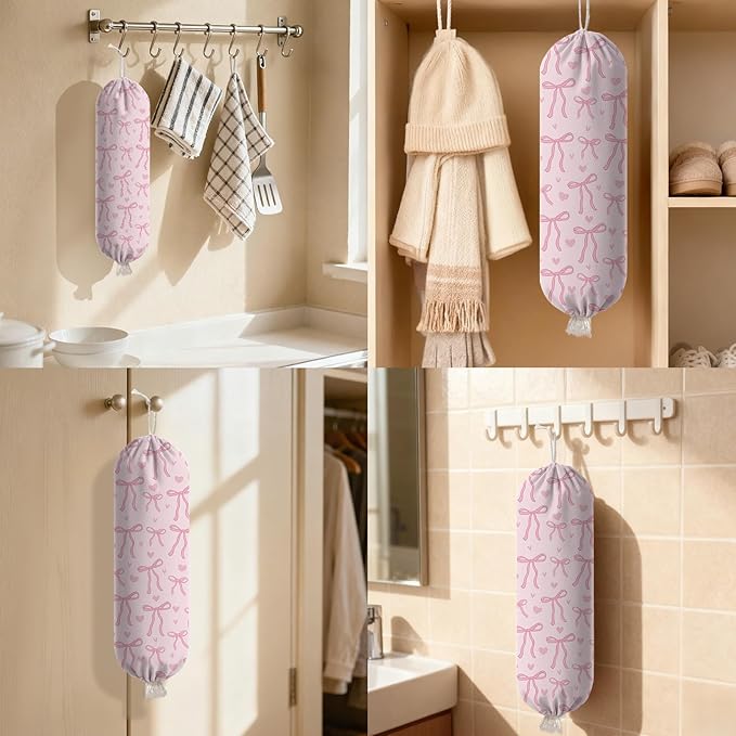 Pink Bow Plastic Bag Holder Dispenser, Plastic Grocery Bag Organizer & Wall Mount Paper Trash Bags Saver Storage for Kitchen Home Pantry Decor, Pink Bow Kitchen Decor Shopping Bags Storage Dispenser