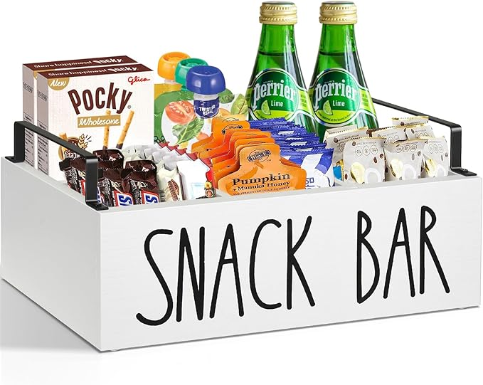 Snack Organizer for Countertop, Wood Pantry Storage Bins with Handles, Snack Bar Organizer for Pantry Shelf, Kitchen, 4 Compartment Food Container Snack Box, Pantry Organizer for Snacks, Chips(White)