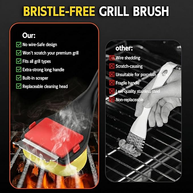 Bristle Free Grill Brush with Scraper, 4 Cleaning Head BBQ Grill Cleaning Brush, Dishwasher-Safe Grill Cleaner Tool for Gas,Charcoal,Ceramic