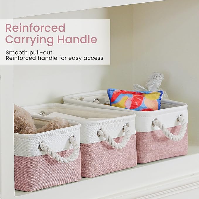 VQRTEXA Storage Baskets for Shelves 11.8x7.9x5.2 Inch, Foldable Fabric Storage Bins with Handles, Small Storage Baskets for Organizing Closet, Bathroom, Office, Home Organization (6-Pack, White&Pink)