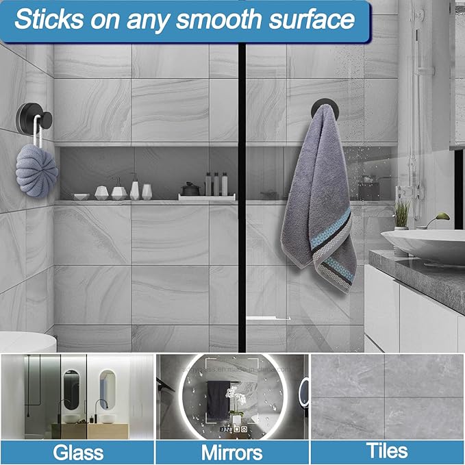 Suction Cup Hooks for Glass Window, Mirror, Wreaths - Shower Hooks for Inside Shower, No Drill Towel Hooks for Bathrooms, Bath Robe Coat Looafh Hook for Hanging - Black (4 Pack1)