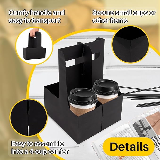 MAQIHAN 2 Cup Drink Carrier with Handle - 12Pcs Disposable Paper Coffee Cup Holder, Portable Drink Caddy Cup Carriers, Sturdy Cup Carrier for Drink Delivery Accessories for Hot/Cold Drinks (Black