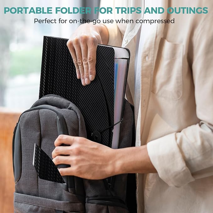 SKYDUE Accordion File Organizer, 12 Pockets File Folders, Letter Size Expanding File Folder with Colored Tabs and Expandable Cover, Portable Bill Receipt Organizer Black