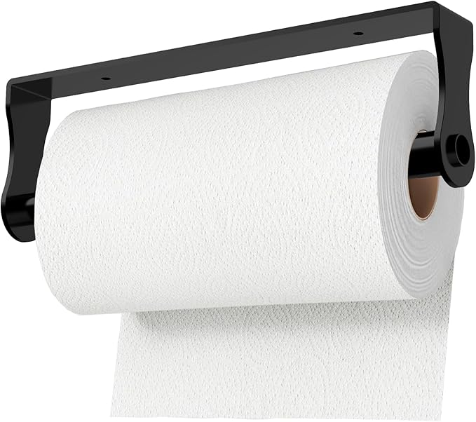 Wooden Under Cabinet Paper Towel Holder,Stainless Steel Under Counter Paper Towel Holder Wall Mount,Self Adhesive Kitchen Roll Rack for Kitchen Bathroom Garage RVs(Black)
