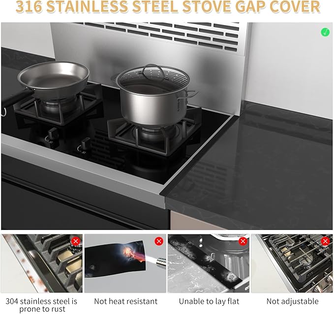 Stove Gap Covers 316 Stainless Steel,2 Pack Stove Gap Filler,Heat Resistant Stove Gap Guards,Slide in Range Trim Kit,Easy Adjustable Length 13.8" to 27.5",Width 0.78",Fits Narrow Gaps,Black