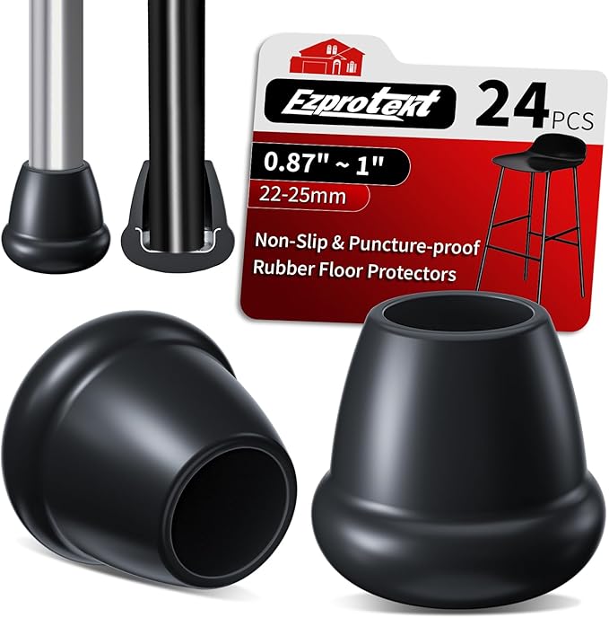Ezprotekt 1" Rubber Chair Leg Caps, 24 Pcs Round Non-Slip Chair Leg Floor Protectors, Furniture Stool Leg Feet Covers for Bar, Tables, Patio Metal Legs, Black (M Fit: 0.87" - 1")