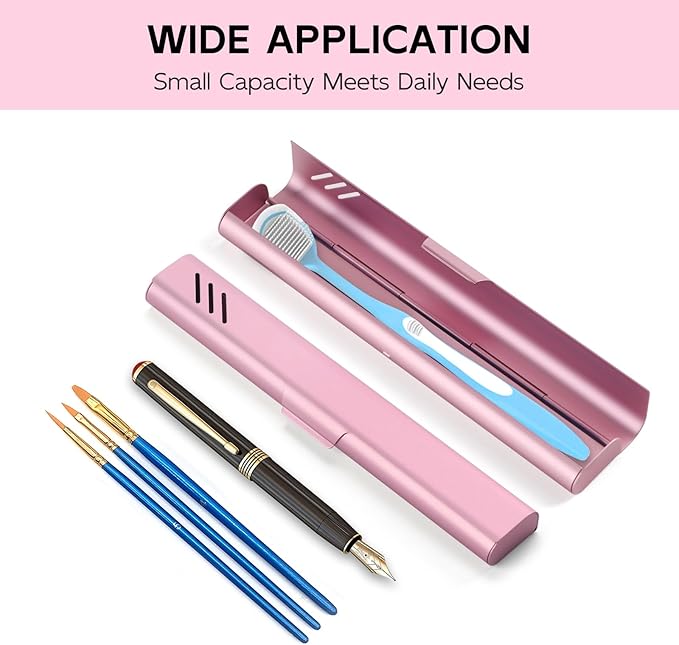 Travel Toothbrush Case, Portable Toothbrush Holder, Durable Aluminum Toothbrush Storage Box, Small Breathable Manual Toothbrush Container for Traveling, School, Camping, Business Trip - Pink