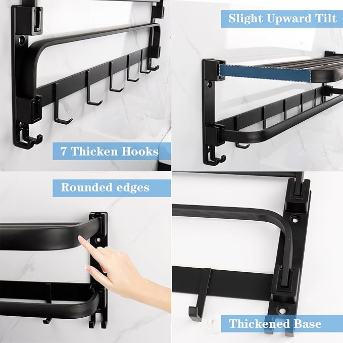 Towel Racks for Bathroom, Foldable Towel Shelf with Towel Bar & 7 Towel Hooks, Rustproof Double Bath Towel Holder Wall Mounted Towel Storage Hanger for Bathroom/Balcony/Lavatory (24in Black)