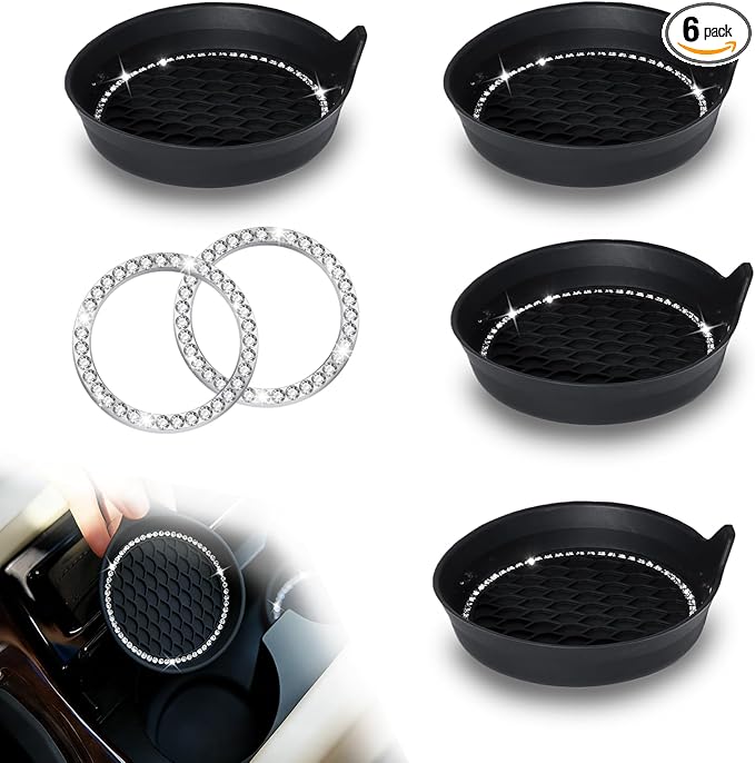 Bling Car Cup Holder Coaster, Anti-Slip Rhinestone Cup Holder Insert (4 Pack) with Push Start Button Ring (2 Pack), Shiny Diamond Car Interior Accessories, Universal for Most Vehicle (Black)