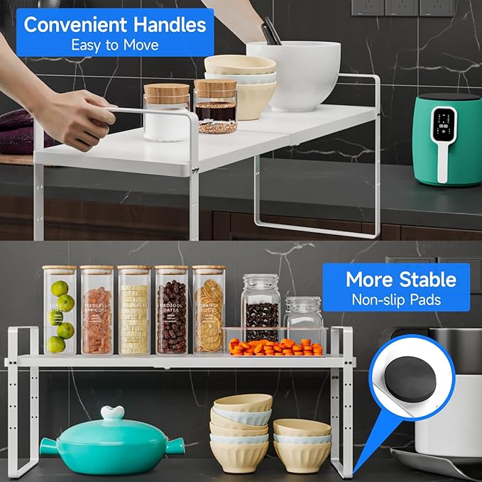 KIKIBRO Expandable Cabinet Shelf Organizer, Stackable Kitchen Pantry Counter Storage, Adjustable Closet Cupboard Stand Rack Risers Spice Organization 80LBS Heavy Duty White Large 2 Pack