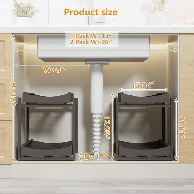 Wisuce Essentials Bamboo Under Sink Organizer Adjustable Height 2-Tier Bathroom Organizer Pull-Out Cabinet Storage Kitchen Heavy Duty Wood Slide Out Shelf for Kitchen Bathroom (Black, 2 Packs)