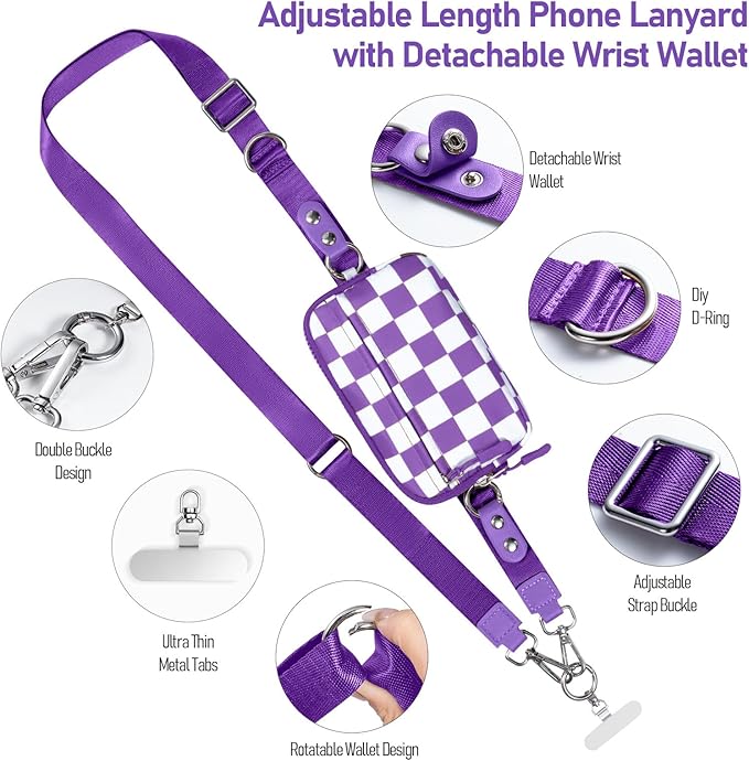 Clip and Go Strap for Phone with Wallet Crossbody Phone Lanyard and Detachable Checkered Bag with ID Window and RFID Pouch for Daily Travel.