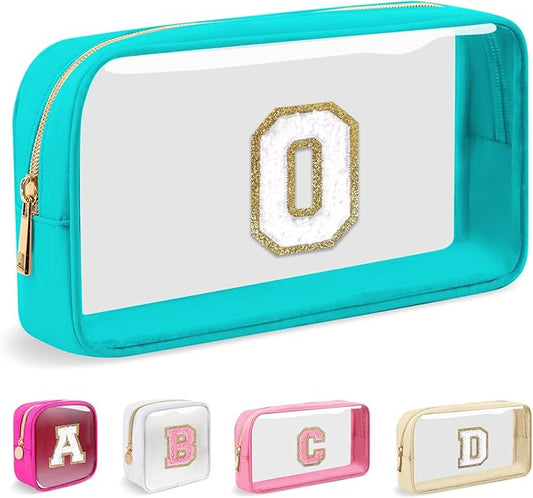 Small Clear Personalized Initial Makeup Bag, Preppy Nylon A-Z Chenille Letter Patch Makeup Organizer TSA Approved Travel Toiletry Bag,Waterproof Zip Beach Cosmetic Pouch Purse for Women(Cyan-White O)