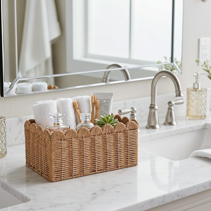 Luckybell 3 Pcs Wicker Baskets for Organizing,Scalloped Baskets, Hand-woven Wicker Storage Cubes, Paper Rope Shelf Baskets for Organizing and Decoration,Brown Basket