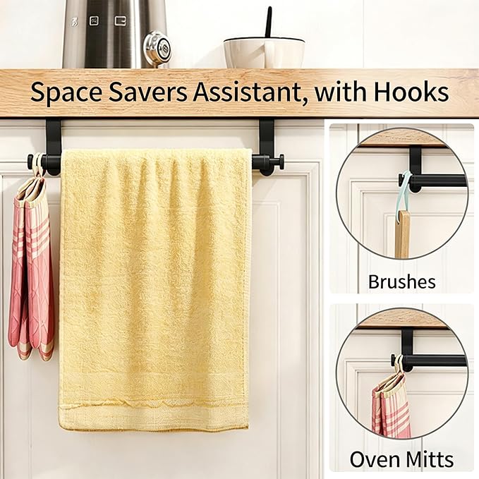 Over Cabinet Towel Holder, Stainless Steel Over The Cabinet Towel Rack Bars for Kitchen Cabinet Doors, Dish Towel Holder with Hooks, 2 Pack (Black)