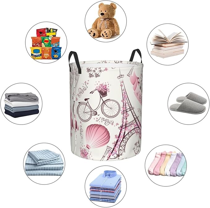 Paris Eiffel Tower Round Laundry Hamper Storage Basket Toys Clothes Organizer Bin For Home Bathroom Bedroom Dorm Nursery, 38l