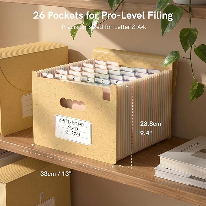 ABC life 26 Pockets Accordion File Organizer, High Capacity Expanding File Folder for Letter A4 Size, Portable Document Holder with A-Z Tabs for Tax Receipt, Teacher & Home Office - Butter Yellow
