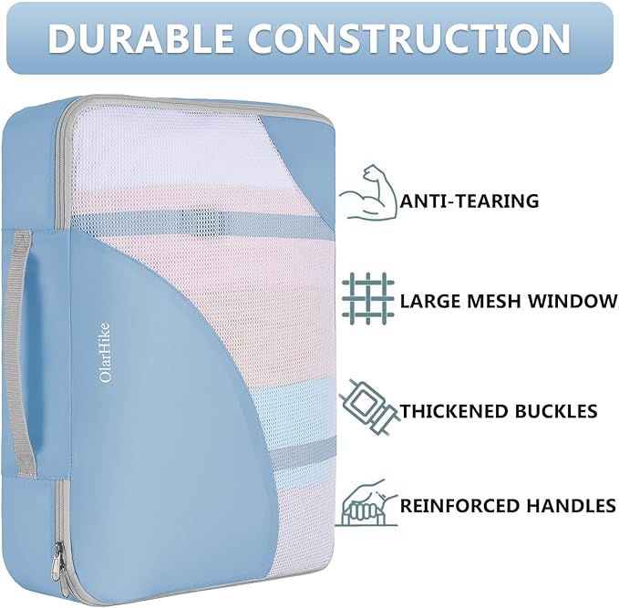 8 Set Packing Cubes for Travel, Gifts for Women Mom,Anti-Tearing Suitcase Organizer for Luggage with Shoe & Hanging Toiletry Bag,OlarHike Vacation Essentials & Accessories for Cruise Ship, Light Blue
