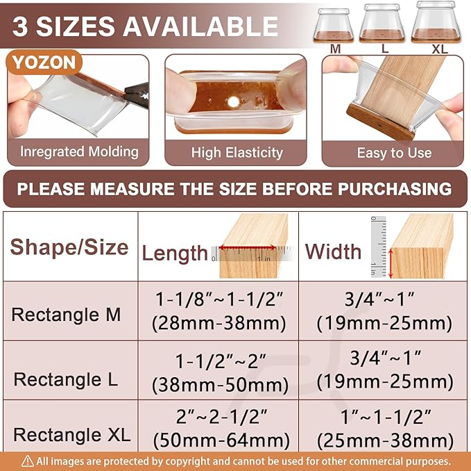 Chair Leg Floor Protectors Rectangle Chair Leg Protectors for Hardwood Floors Silicone Caps Felt Furniture Pads Covers Anti-Scratch Reduce Noise 16 Pack Clear Fit:L 1.12"-1.5",W 0.75"-1"