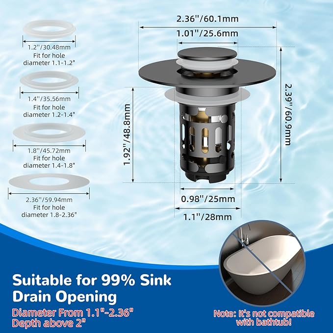 Hibbent Upgraded 3 in 1 Bathroom Sink Drain Strainer, Universal Pop Up Stopper with Removable Stainless Steel Filter Basket Hair Catcher, Sink Plug for 1.1''~2.36'' Basin, Brass Bullet Core, Grey