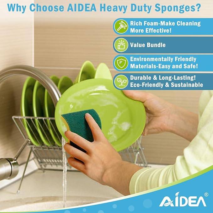 AIDEA Sponges Kitchen, 24Pack Heavy Duty Dish Sponge, Cleaning Dish Scrubber Sponge for Home and Kitchen, Stink-Free Cleaning Supplies for Pots, Pans