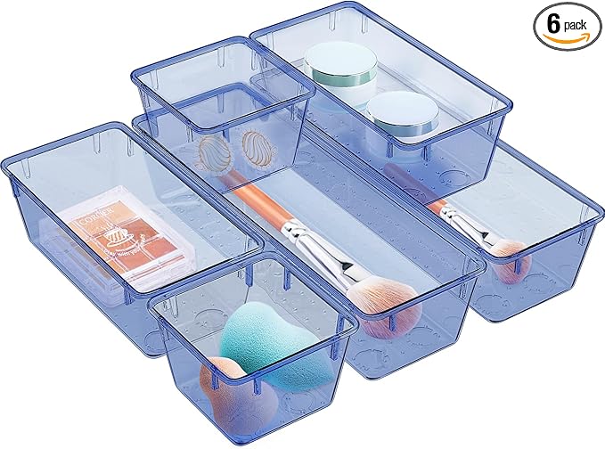 WOWBOX 6 Pack Clear Drawer Organizer Set, Acrylic Drawer Storage Trays, Storage Bins for Makeup, Cosmetics, Jewelries, Utensils, Gadgets, Office, Dark Blue